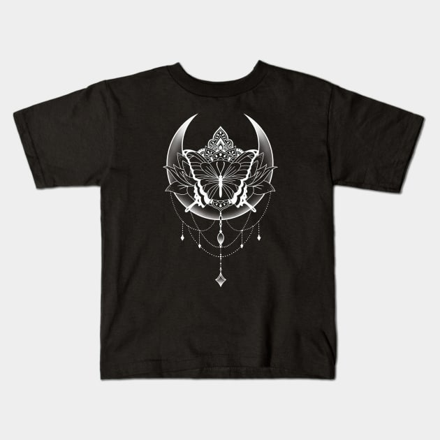 Mandala Butterfly Celestial Moon Design Kids T-Shirt by Helena Morpho 